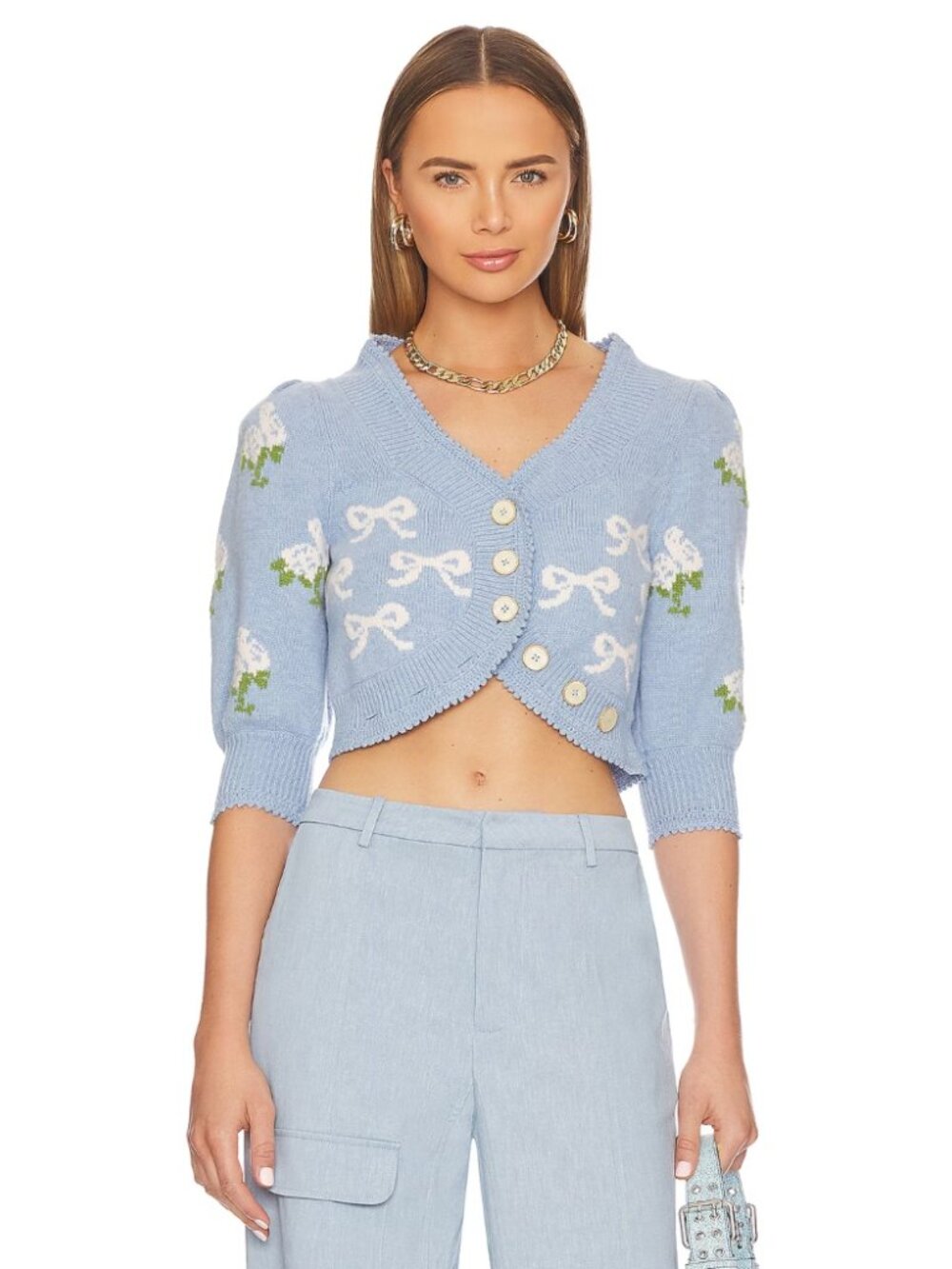 Love Shack Fancy Malibu Cropped Knit Sweater Cardigan with Bow & Floral Motif M